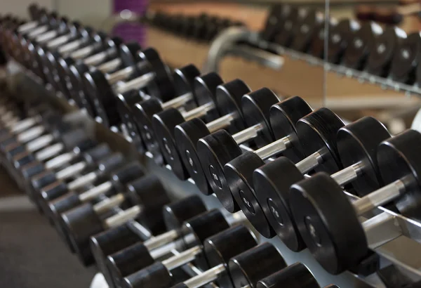 Vue des rangées d'haltères sur un rack dans une salle de gym — Photo