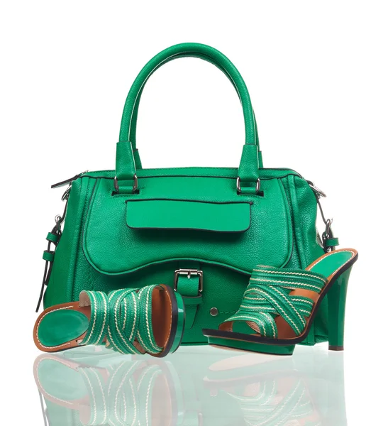 Green summer shoes and handbag over white — Stock Photo, Image