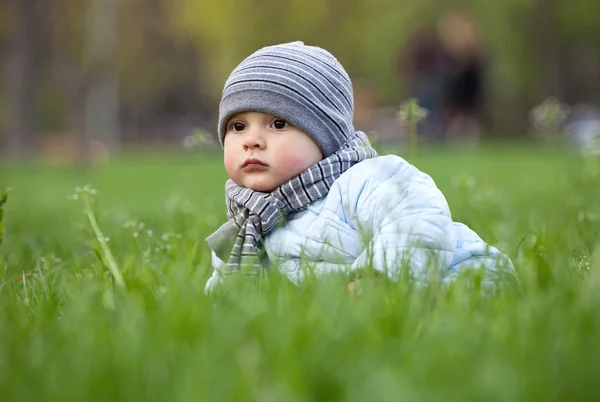 Porträtt av söt liten pojke i parken under våren — Stockfoto