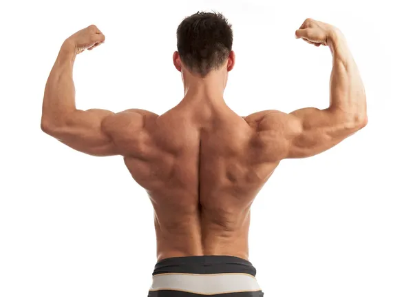 Rear view of a young man flexing his arm and back muscles over white background Stock Picture