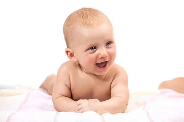 Leuke glimlachende babyjongen over Wit — Stockfoto