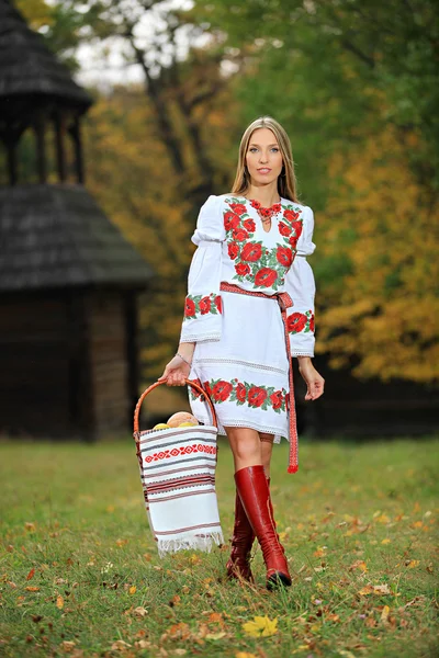 Portrait of beautiful young woman in Ukrainian style clothing — Stock Photo, Image