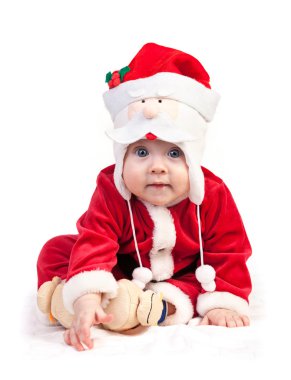 sevimli küçük çocuk Noel Baba kostüm üzerine beyaz