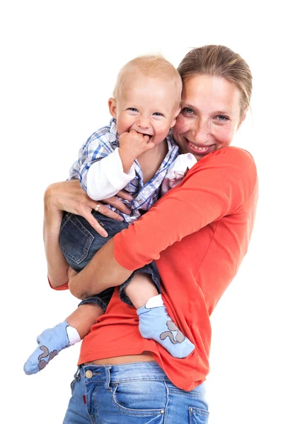 Young Caucasian woman and her baby son over white — Stok fotoğraf