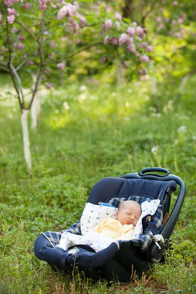 Newborn boy sleeping in car seat — Stock Photo, Image