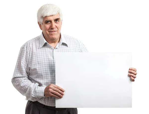 Handsome mature man holding a blank billboard — Stock Photo, Image