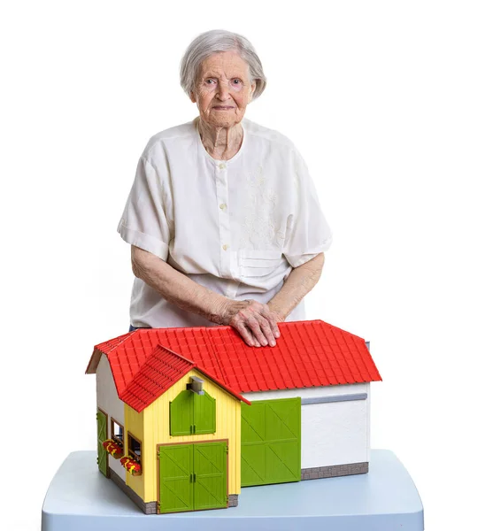 Smiling Senior Woman Toy Farm White Background — Stock Photo, Image