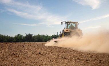 Traktördeki çiftçi yaz günü tarlada çalışıyor.