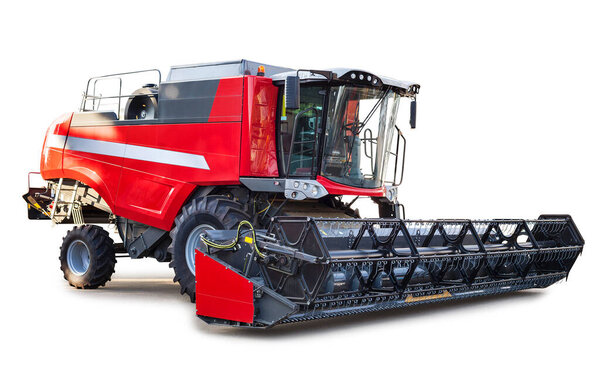 Red combine harvester, agriculture machinery, farming vehicle isolated over white, with clipping path.