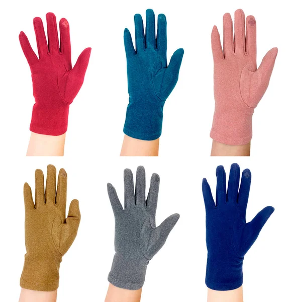 Kızın eline eldiven takılmış. Beyaz arkaplanda izole edilmiş resim