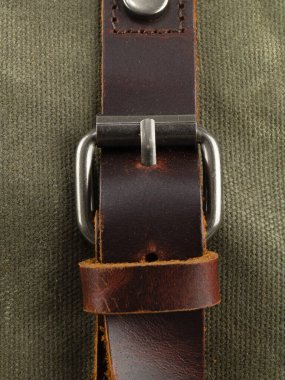 Deri ürünlerdeki elementler: Kemerler, bağlayıcılar, fermuarlar. Işık arkaplanındaki resmi kapat