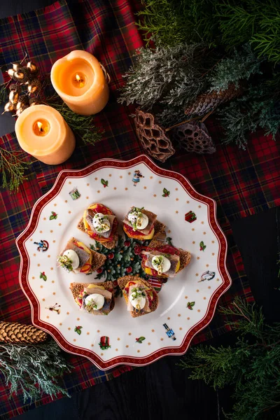 Christmas Snack Canape Set Canapes Holiday Catering Menu Individual Event — Stock Photo, Image