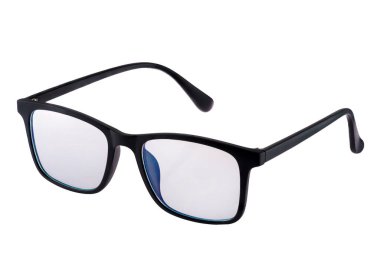 İzole edilmiş beyaz arka planda inek gözlüğü, mükemmel yansıma, siyah çerçeveli gözlük. Miyop miyop, miyop ya da basiretsiz gözlük.