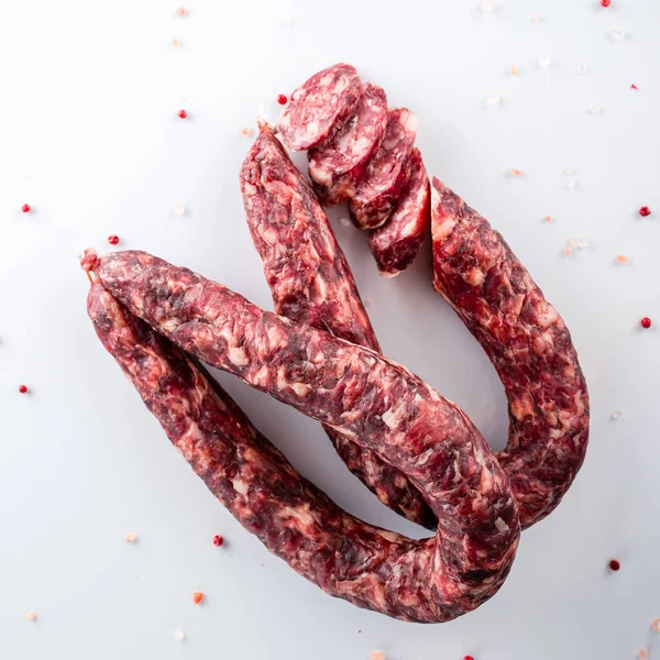 Homemade Sausage White Background Homemade Pork Dried Cured Sausage — Stock Photo, Image