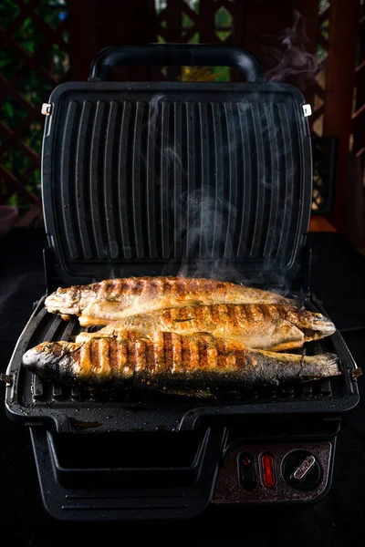Öring Fisk Grillen Matlagning Välsmakande Öringar Från Lokala Fiskkläckeri Grill — Stockfoto
