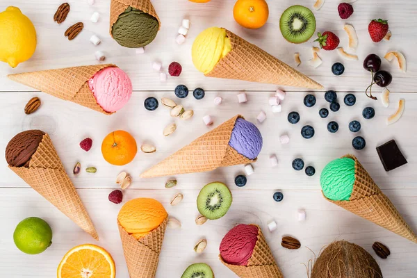 Colorful Ice Cream Cone White Table Top View Different Flavor — Stock Photo, Image