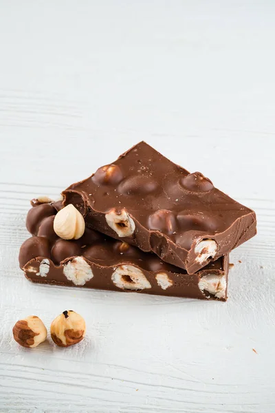 Milk Chocolate Hazelnuts Delicious Milk Chocolate Bars Nuts Close Stack — Stock Photo, Image
