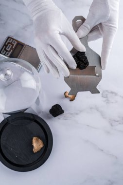 Şef siyah mantarı keser. Siyah mantar mantarı. Yer mantarı kesiliyor.