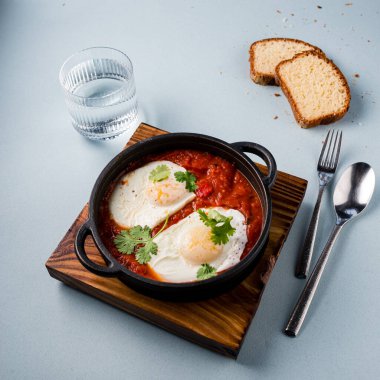 Dökme demir bir tavada yumurta, domates ve maydanozlu Shakshuka, Arapça domatesli geleneksel İsrail Shakshuka yumurta ve kopyalama alanı arka planı.