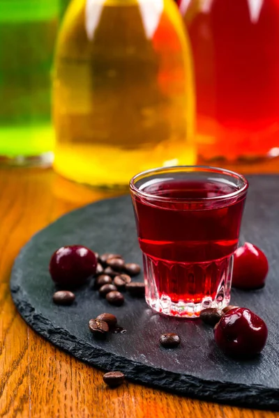 Cherry Tincture Coffee Glass Homemade Infused Vodka Liqueur Red Cherry — Stock Photo, Image