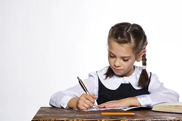 Retrato de estudio de la adorable niña de la escuela pequeña escribiendo en cuaderno —  Fotos de Stock