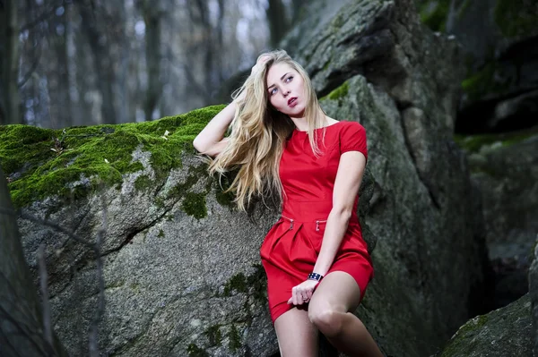 Porträt von Yang und stilvoller Frau im herbstlichen dunklen Wald — Stockfoto