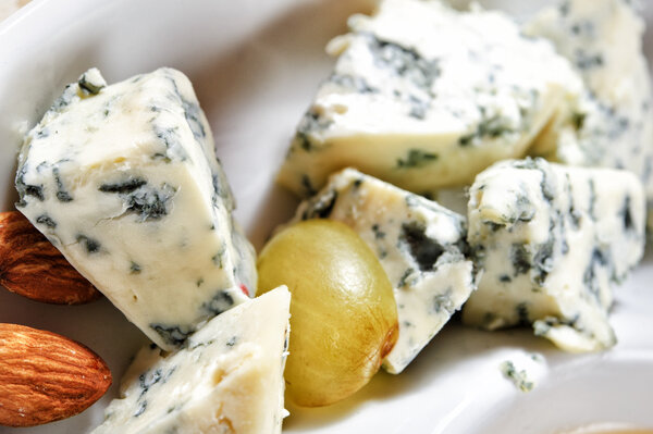 Close up of Danish blue cheese pieces