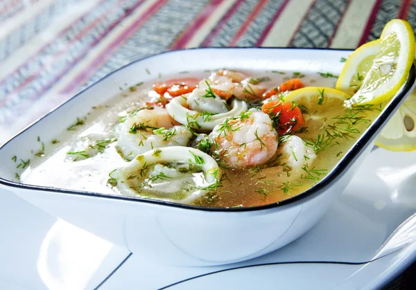 Plate of tasty sea food soup — Stock Photo, Image