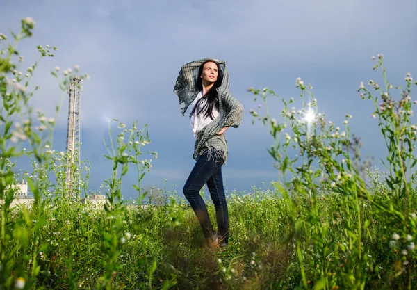 Linda morena posa entre campo de verão verde — Fotografia de Stock