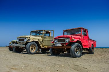 deniz kıyısındaki eski fishmans arabalar.