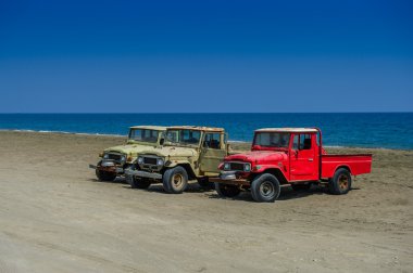 deniz kıyısındaki eski fishmans arabalar.