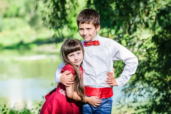 Sevimli çocuk ve kız, kardeşi ve kız kardeşi, geleneksel Ukrayna işlemeli kıyafetler.