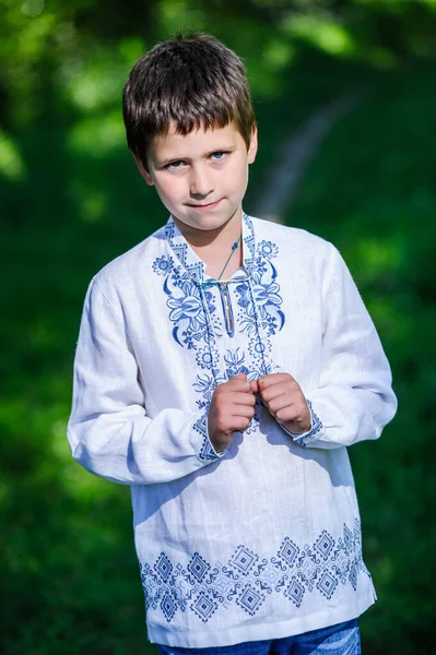 Щасливі Усміхнений Маленький Хлопчик Одягнені Українському Національному Стилі Сукні — стокове фото