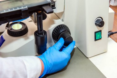 Test tüpleriyle yakın plan çekilen eller. Tıbbi eldivenlerdeki eller tüpleri tutsun. Virüsün varlığı için kan testi yapın. Viral hastalık testi. Laboratuvarda insan kanı var. Virüs Bilimi.