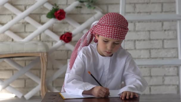 Μικρό Αγόρι Που Σπουδάζει Στο Σχολείο Γράφει — Αρχείο Βίντεο
