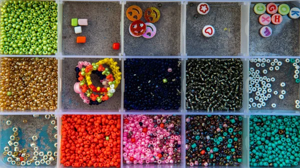 Creative Set Various Beautiful Sewing Handmade Materials Beads Weaving — Stock Photo, Image