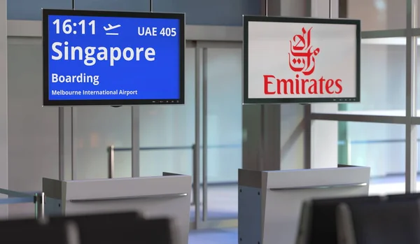 メルボルンからシンガポールへのフライト、空港ターミナルゲート。編集3Dレンダリング — ストック写真