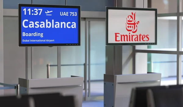 Odletová plocha letiště, pravidelný let do Casablanky z Dubaje, redakční 3d rendering — Stock fotografie