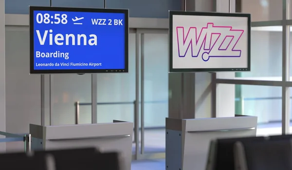 Roma 'dan Viyana' ya uçuş, havaalanı terminali kapısı. 3d düzenleme — Stok fotoğraf