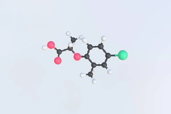 Molekuła Mecoprop wykonana z kulek, naukowy model molekularny. Renderowanie 3D — Zdjęcie stockowe