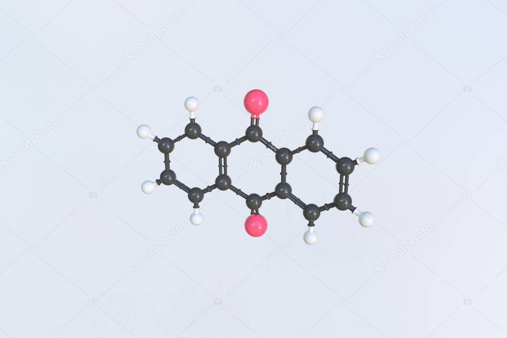 Molécula de antraquinona, modelo molecular aislado. Renderizado 3D 2024