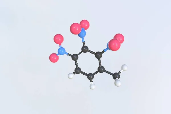 Molécula de trinitrotolueno feita com bolas, modelo molecular isolado. Renderização 3D — Fotografia de Stock