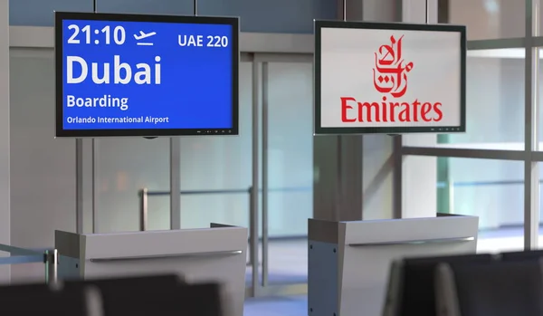 Let z Orlanda do Dubaje, letištní terminálová brána. Redakční 3D vykreslování — Stock fotografie