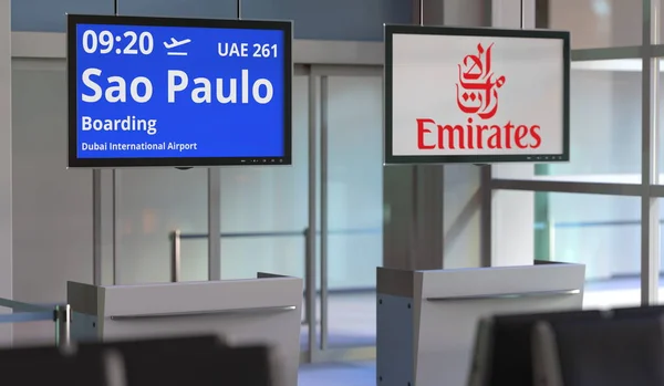 Airport departure area, scheduled flight to Sao paulo from Dubai, editorial 3d rendering — Stock Photo, Image