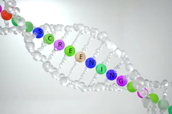 DNA-molekyylimalli SCREENING-tekstillä. 3D-renderointi — kuvapankkivalokuva