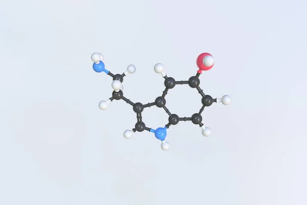 Serotoninmolekylen är gjord med bollar, vetenskaplig molekylär modell. 3D-rendering — Stockfoto