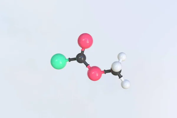 Methylchlorformat-Molekül, wissenschaftliches Molekularmodell, 3D-Animation — Stockfoto