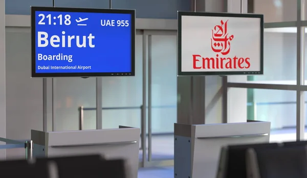 Let z Dubaje do Bejrútu, letištní terminálová brána. Redakční 3D vykreslování — Stock fotografie