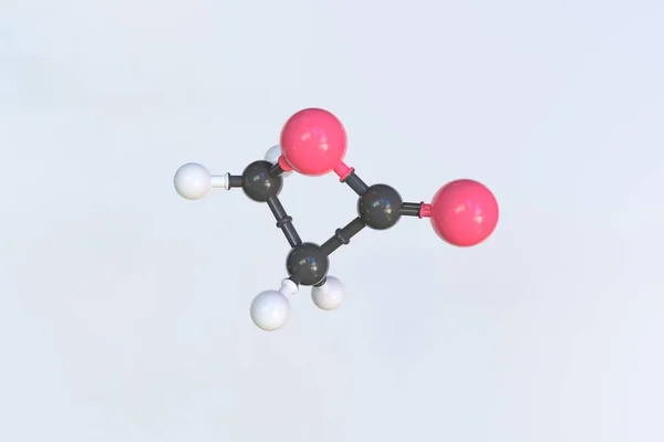 Cząsteczka propiolaktonu zrobiona z kulek, odizolowany model molekularny. Renderowanie 3D — Zdjęcie stockowe