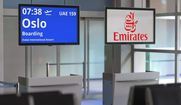 Flug von Dubai nach Oslo, Flughafen Terminal Gate. Leitartikel 3D-Rendering — Stockfoto